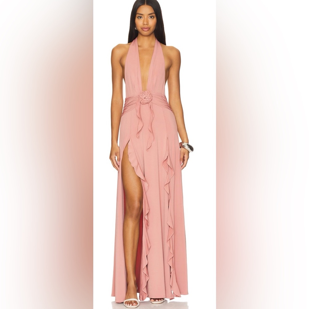 WeWoreWhat Dusty Rose Halter Ruffled High-Slit Maxi Skirt